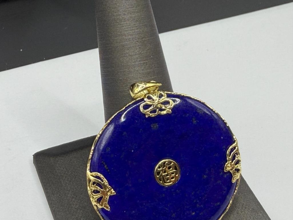 HONG KONG MADE DESIGNER HALLMARKED 14K YELLOW GOLD BLUE LAPIS DISC PENDANT - 2