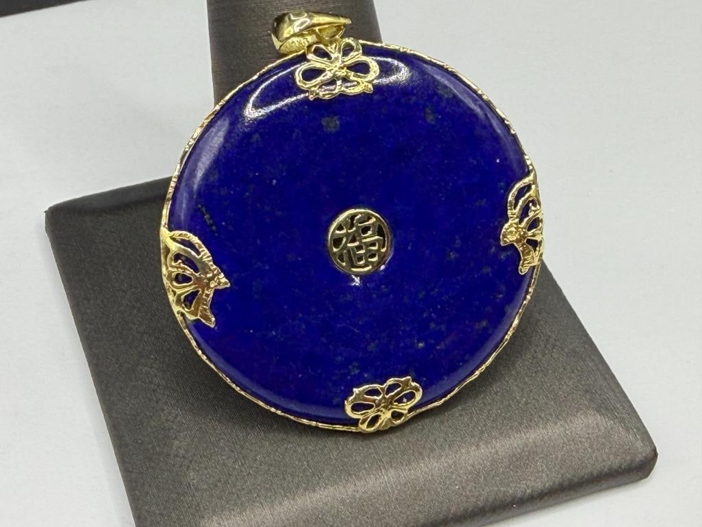 HONG KONG MADE DESIGNER HALLMARKED 14K YELLOW GOLD BLUE LAPIS DISC PENDANT - 3