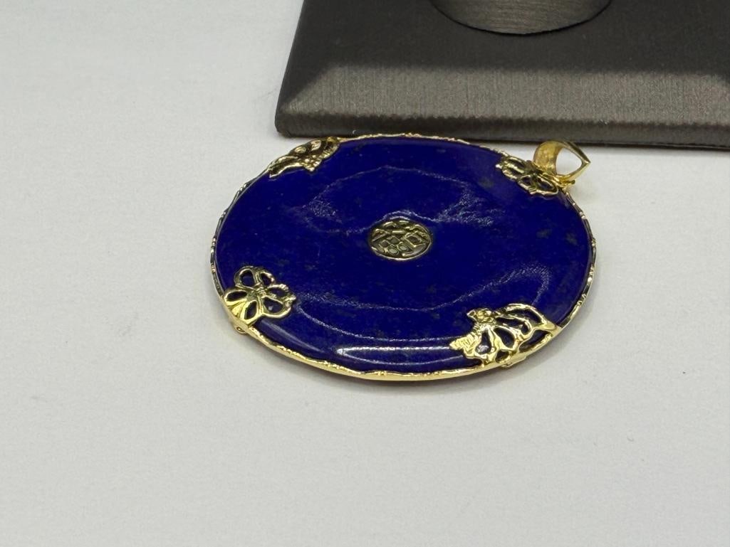 HONG KONG MADE DESIGNER HALLMARKED 14K YELLOW GOLD BLUE LAPIS DISC PENDANT - 4