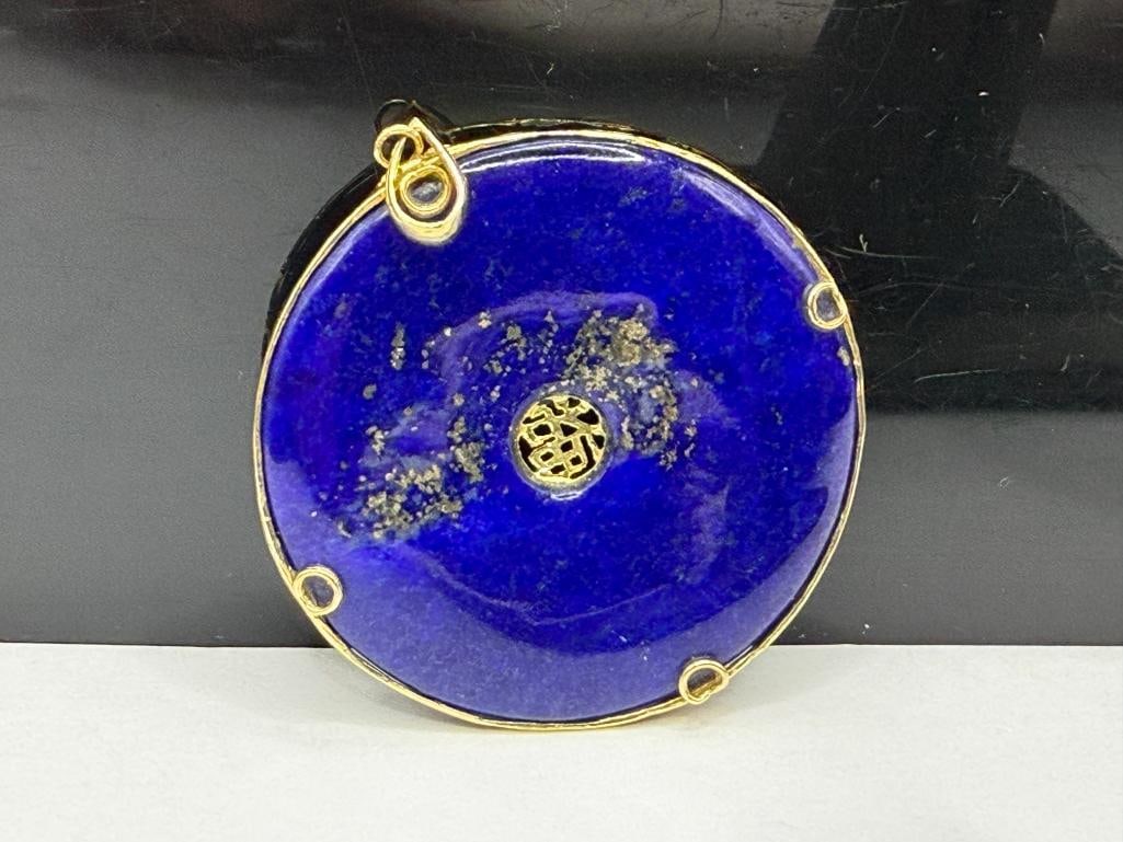 HONG KONG MADE DESIGNER HALLMARKED 14K YELLOW GOLD BLUE LAPIS DISC PENDANT - 5