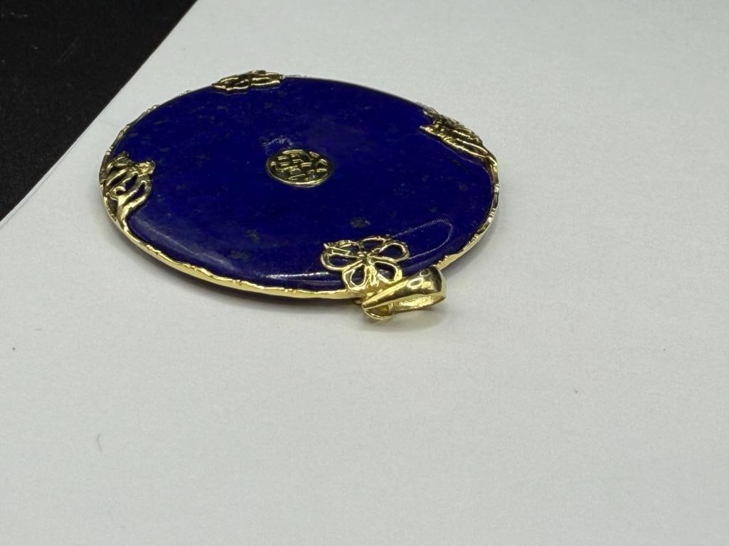 HONG KONG MADE DESIGNER HALLMARKED 14K YELLOW GOLD BLUE LAPIS DISC PENDANT - 6