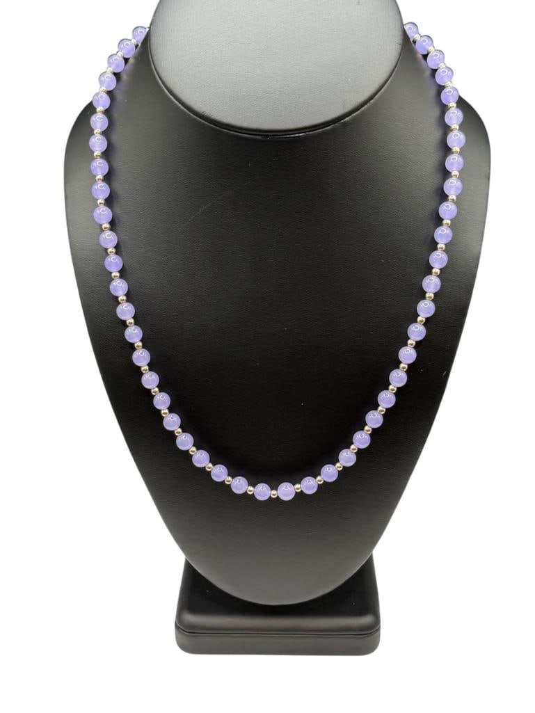 14K YELLOW GOLD CLASP AND BEAD LAVENDER JADE NECKLACE: FEATURING ROUND LAVENDER JADE BEADS 20", 6MM BEADS, 23.71 GRAMS