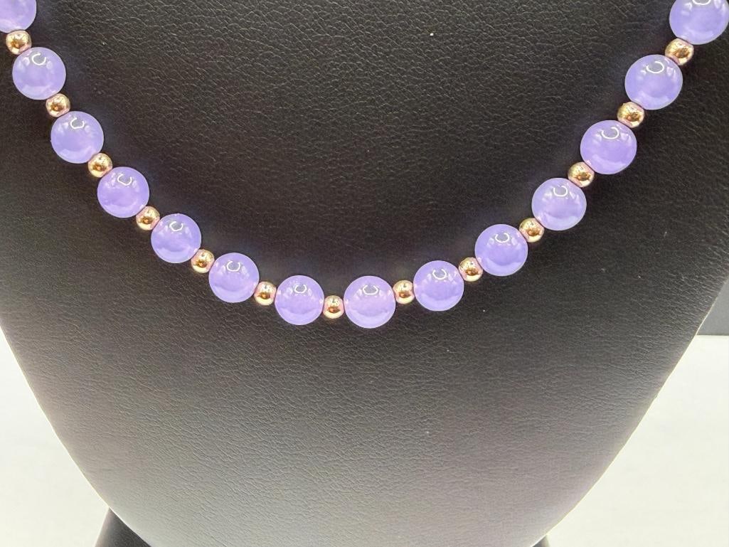 14K YELLOW GOLD CLASP AND BEAD LAVENDER JADE NECKLACE - 2