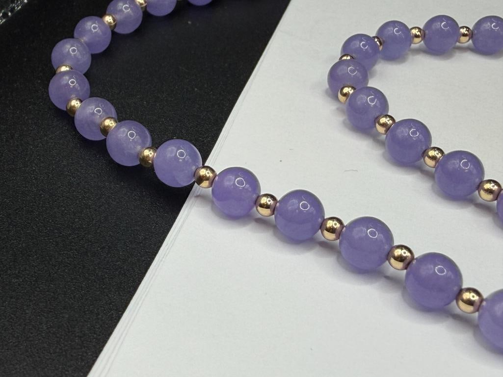 14K YELLOW GOLD CLASP AND BEAD LAVENDER JADE NECKLACE - 3