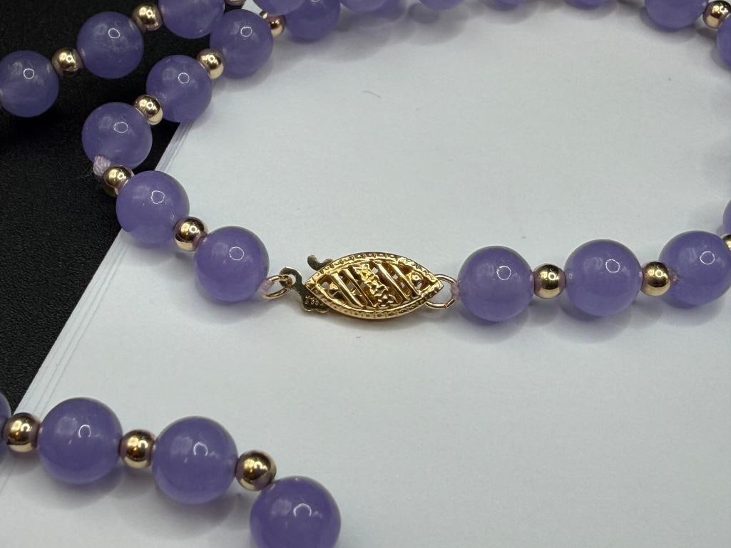 14K YELLOW GOLD CLASP AND BEAD LAVENDER JADE NECKLACE - 4