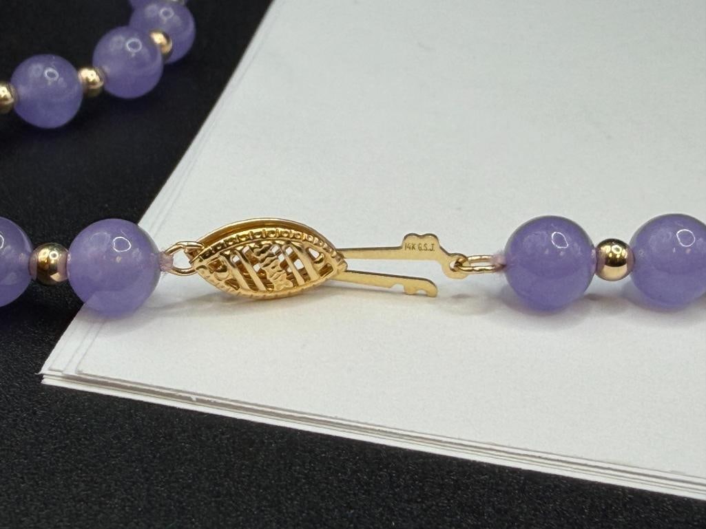 14K YELLOW GOLD CLASP AND BEAD LAVENDER JADE NECKLACE - 5