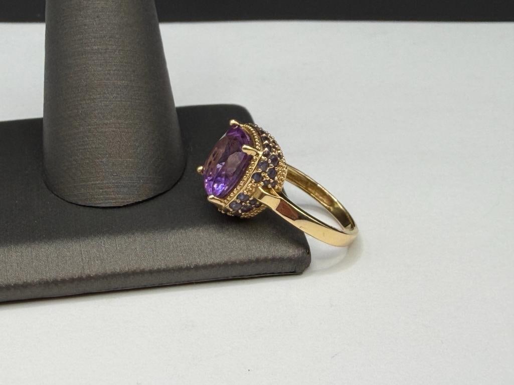 14K YELLOW GOLD CUSHION CUT AMETHYST AND ROUND CUT TANZANITE FASHION RING - 3