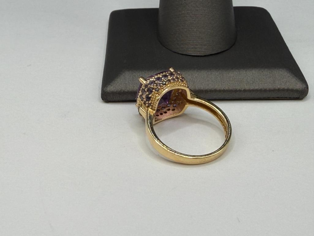 14K YELLOW GOLD CUSHION CUT AMETHYST AND ROUND CUT TANZANITE FASHION RING - 4