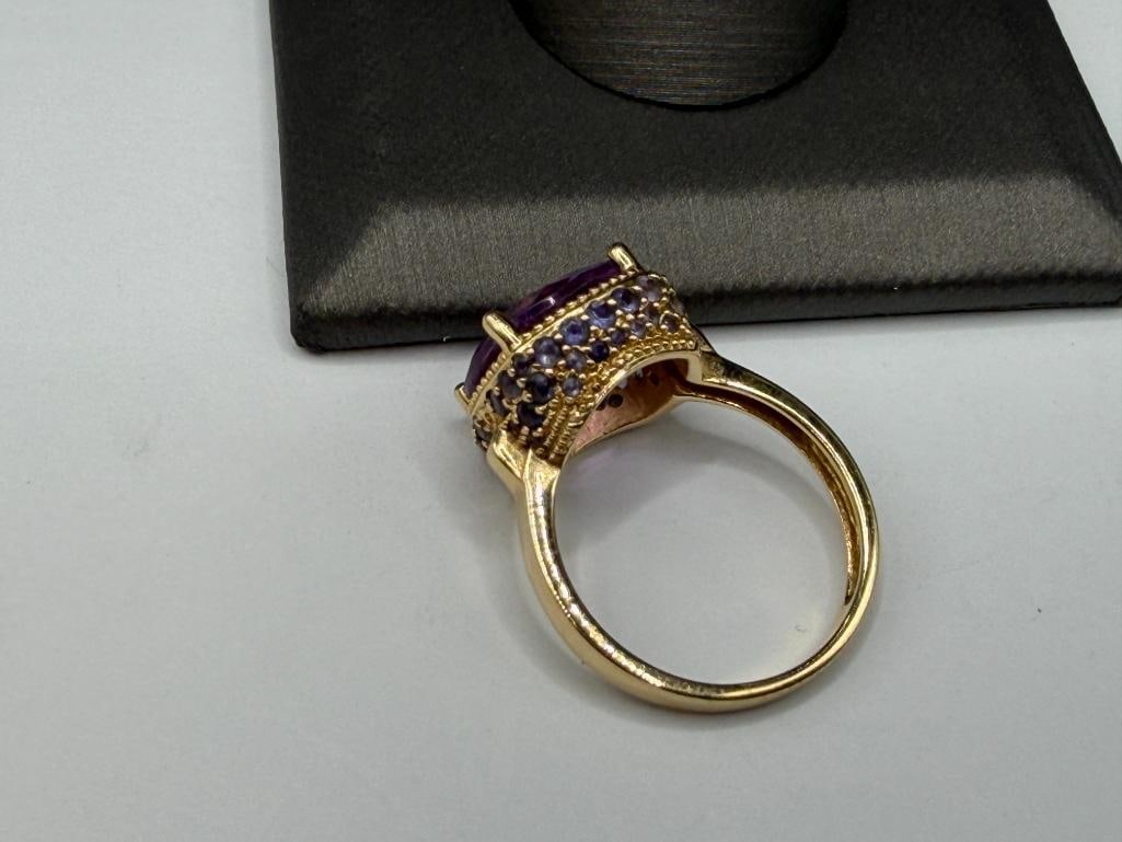 14K YELLOW GOLD CUSHION CUT AMETHYST AND ROUND CUT TANZANITE FASHION RING - 5