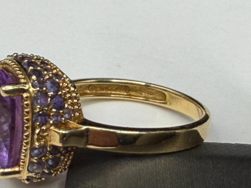 14K YELLOW GOLD CUSHION CUT AMETHYST AND ROUND CUT TANZANITE FASHION RING - 6