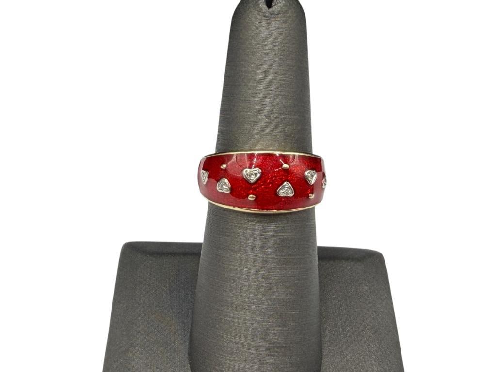 MARATHON DESIGNER SIGNED 14K YELLOW GOLD RED ENAMELED AND ROUND BRILLIANT CUT DIAMOND HEART RING: FEATURING SIX ROUND BRILLIANT CUT DIAMONDS, HALLMARKED WITH "M" IN HEART SIZE 6 1/4, 3/8" FRONT, 5.09 GRAMS, 1MM DIAMONDS