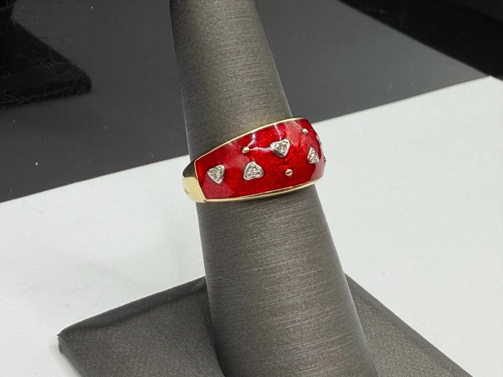 MARATHON DESIGNER SIGNED 14K YELLOW GOLD RED ENAMELED AND ROUND BRILLIANT CUT DIAMOND HEART RING - 2