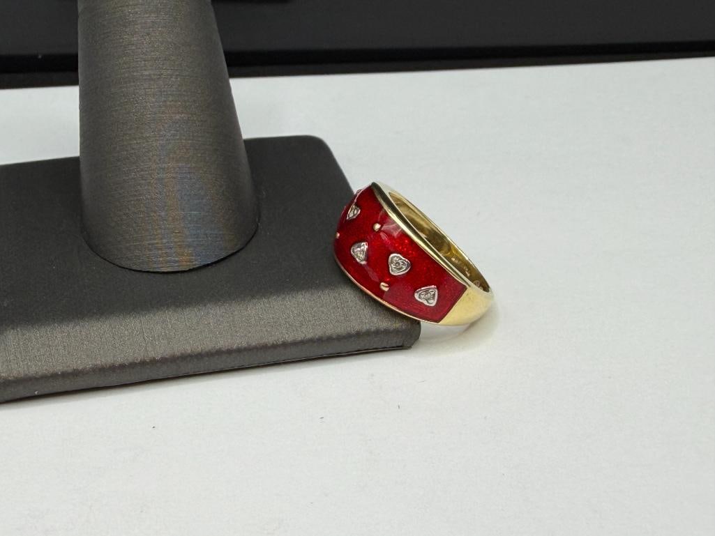MARATHON DESIGNER SIGNED 14K YELLOW GOLD RED ENAMELED AND ROUND BRILLIANT CUT DIAMOND HEART RING - 3