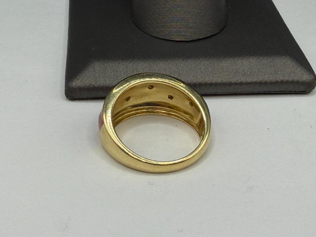 MARATHON DESIGNER SIGNED 14K YELLOW GOLD RED ENAMELED AND ROUND BRILLIANT CUT DIAMOND HEART RING - 4