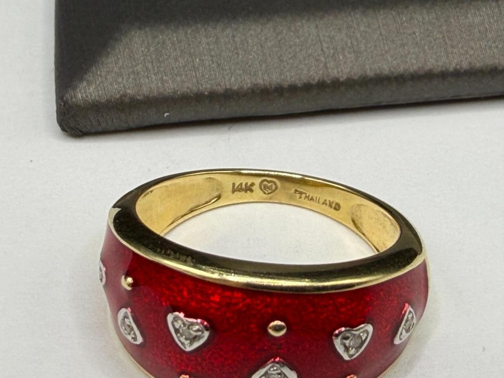 MARATHON DESIGNER SIGNED 14K YELLOW GOLD RED ENAMELED AND ROUND BRILLIANT CUT DIAMOND HEART RING - 5
