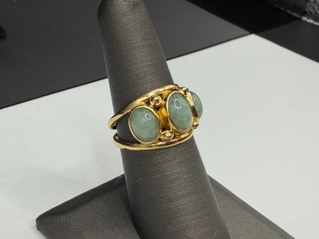 14K YELLOW GOLD GREEN CABOCHON JADE FASHION RING - 2