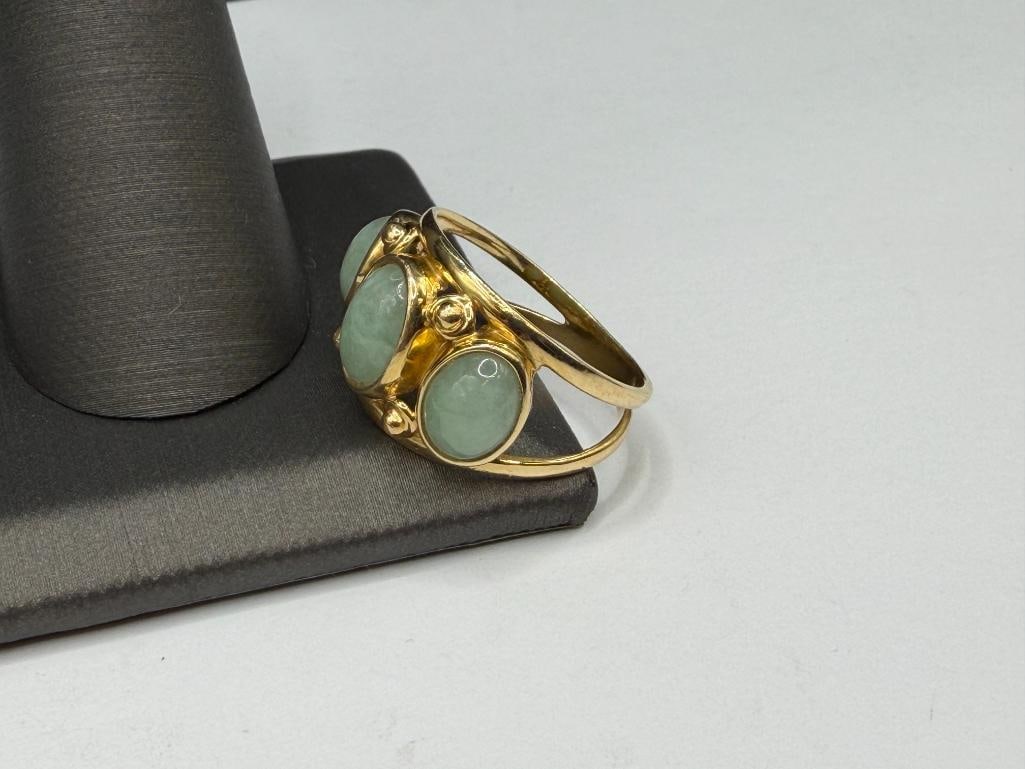 14K YELLOW GOLD GREEN CABOCHON JADE FASHION RING - 3