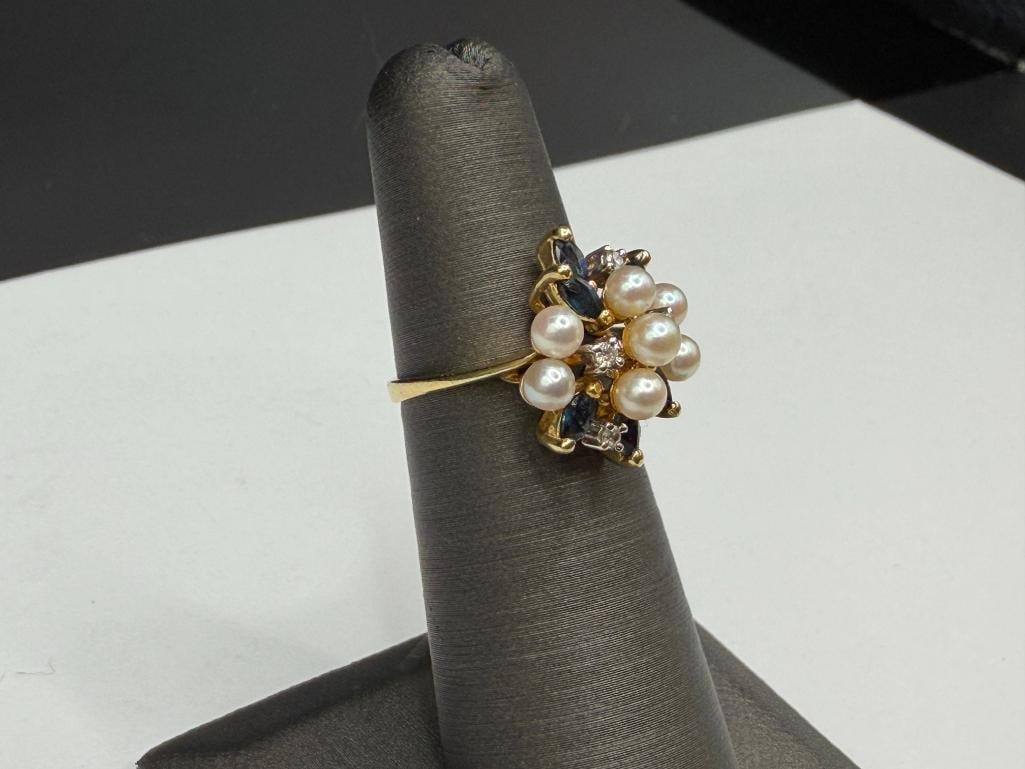 14K YELLOW GOLD BLUE SAPPHIRE, DIAMOND, AND PEARL CLUSTER FASHION RINGSIX MARQUISE CUT BLUE SAPPH... - 2