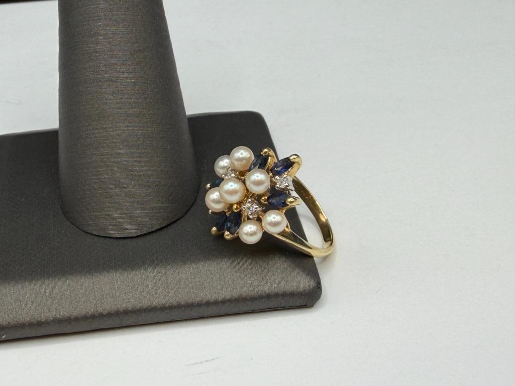 14K YELLOW GOLD BLUE SAPPHIRE, DIAMOND, AND PEARL CLUSTER FASHION RINGSIX MARQUISE CUT BLUE SAPPH... - 3