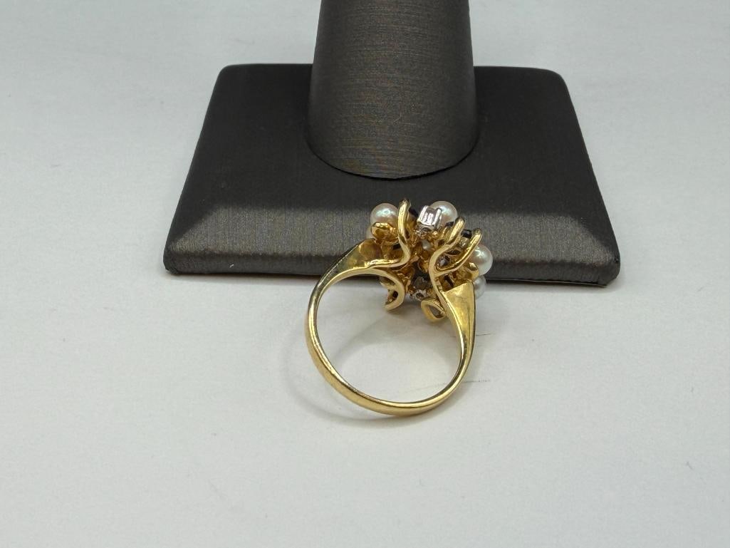 14K YELLOW GOLD BLUE SAPPHIRE, DIAMOND, AND PEARL CLUSTER FASHION RINGSIX MARQUISE CUT BLUE SAPPH... - 4