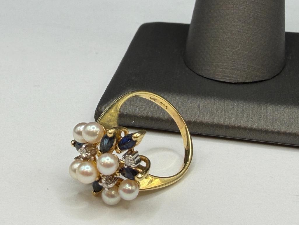 14K YELLOW GOLD BLUE SAPPHIRE, DIAMOND, AND PEARL CLUSTER FASHION RINGSIX MARQUISE CUT BLUE SAPPH... - 5