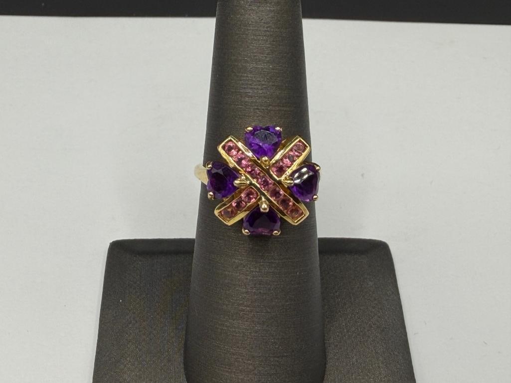 14K YELLOW GOLD HEART CUT AMETHYST AND ROUND CUT PINK TOURMALINE "X" DESIGN FASHION RING (1 of 6)