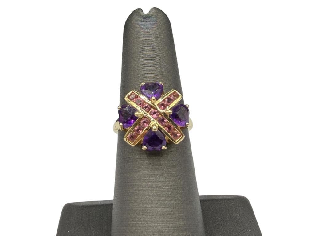 14K YELLOW GOLD HEART CUT AMETHYST AND ROUND CUT PINK TOURMALINE "X" DESIGN FASHION RING - 2