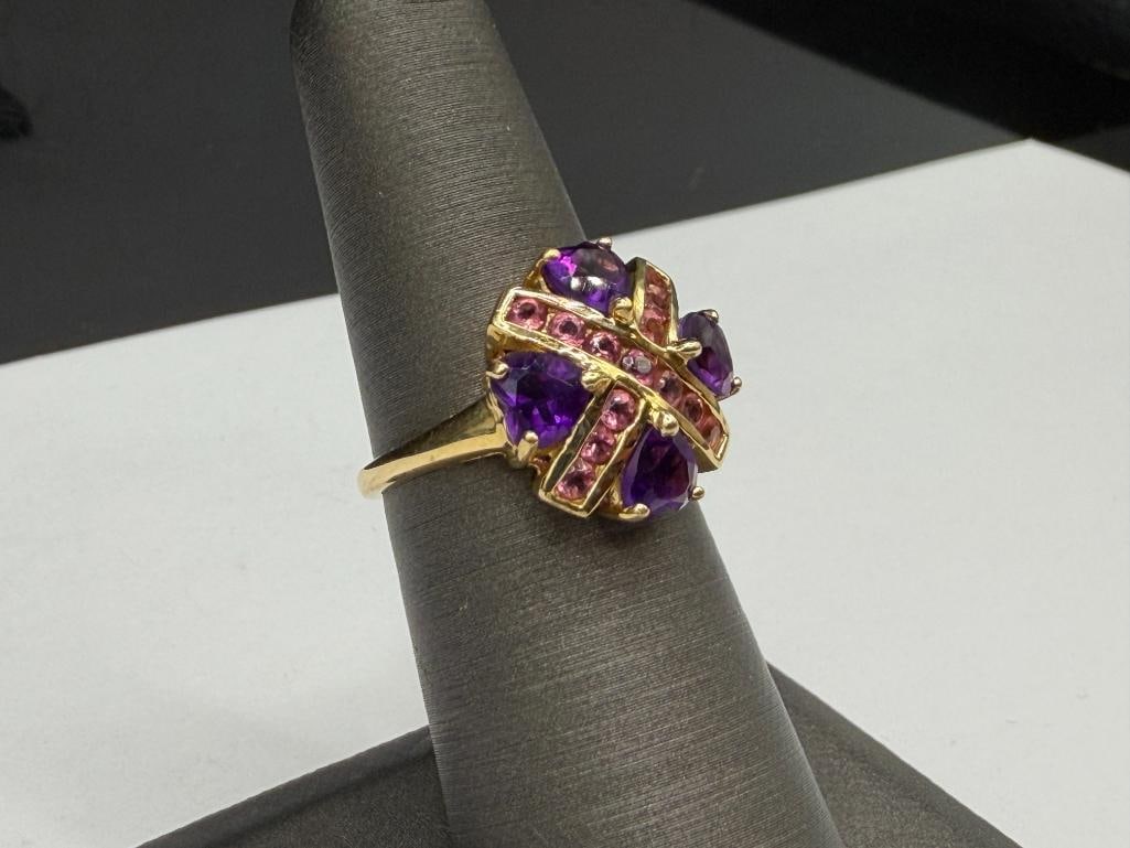 14K YELLOW GOLD HEART CUT AMETHYST AND ROUND CUT PINK TOURMALINE "X" DESIGN FASHION RING - 3