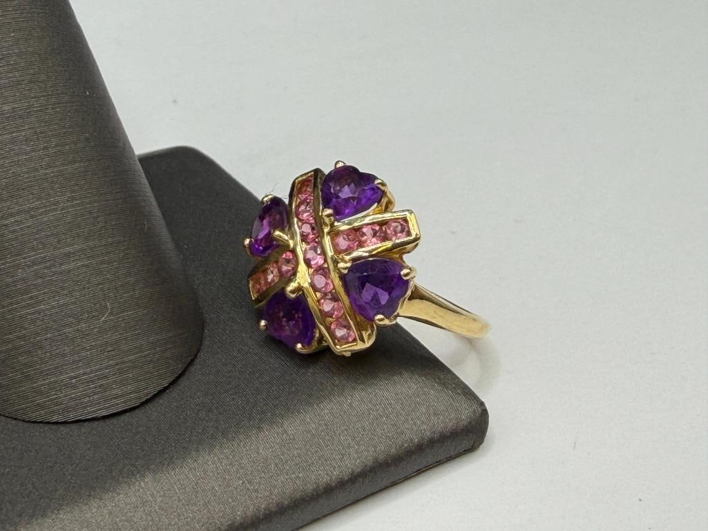 14K YELLOW GOLD HEART CUT AMETHYST AND ROUND CUT PINK TOURMALINE "X" DESIGN FASHION RING - 4
