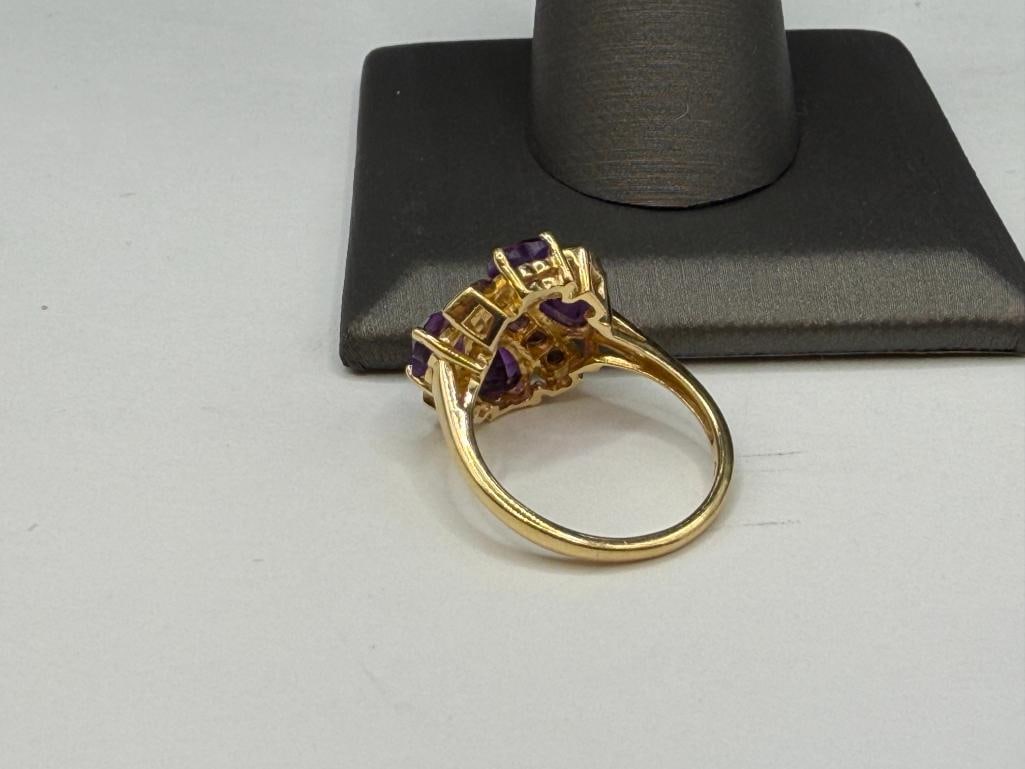 14K YELLOW GOLD HEART CUT AMETHYST AND ROUND CUT PINK TOURMALINE "X" DESIGN FASHION RING - 5