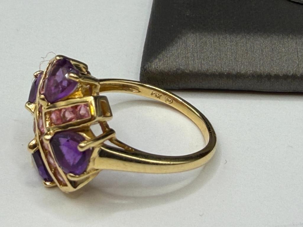 14K YELLOW GOLD HEART CUT AMETHYST AND ROUND CUT PINK TOURMALINE "X" DESIGN FASHION RING - 6