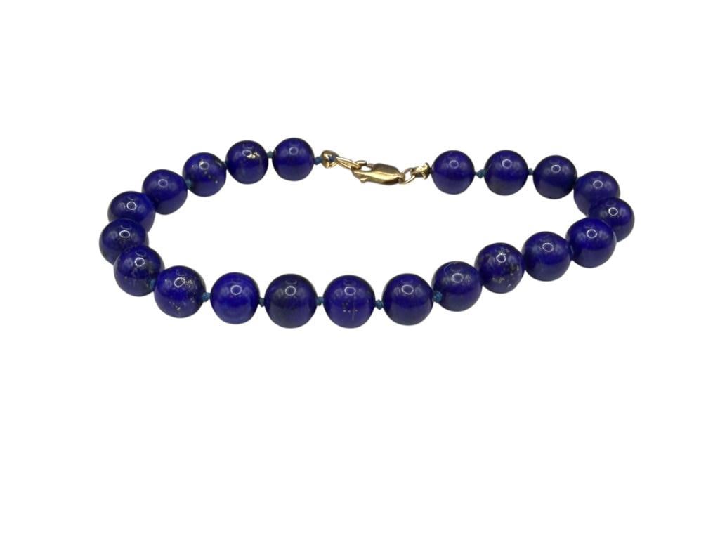 ROUND BLUE LAPIS BEAD BRACELET WITH 14K YELLOW GOLD CLASP: 7 3/4", 8MM BEADS