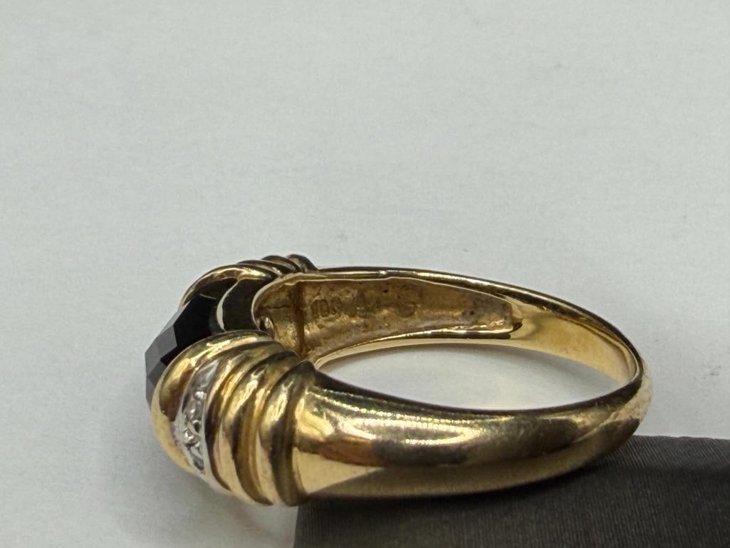 10K YELLOW GOLD FACETED ONYX AND DIAMOND RING - 5
