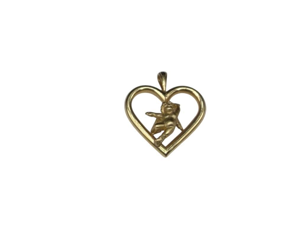 14K YELLOW GOLD ANGEL CHERUB HEART PENDANT: 1", 2.23 GRAMS