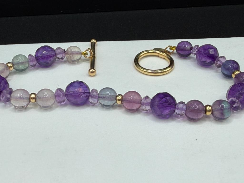 ZOE B. DESIGNER SIGNED ROUND AND FACETED AMETHYST BEAD BRACELET WITH 14K YELLOW GOLD TOGGLE CLASP - 3