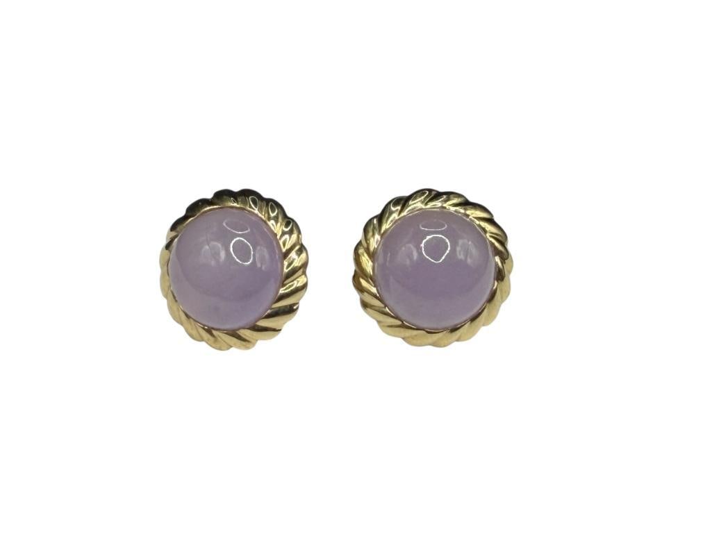 HONG KONG JEWELRY DESIGNER SIGNED 14K YELLOW GOLD LAVENDER JADE BUTTON EARRINGS: BACKS ARE NOT GOLD 5/8", 5.28 GRAMS