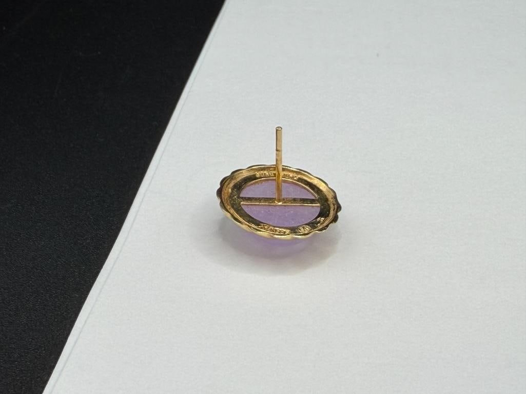 HONG KONG JEWELRY DESIGNER SIGNED 14K YELLOW GOLD LAVENDER JADE BUTTON EARRINGS - 4