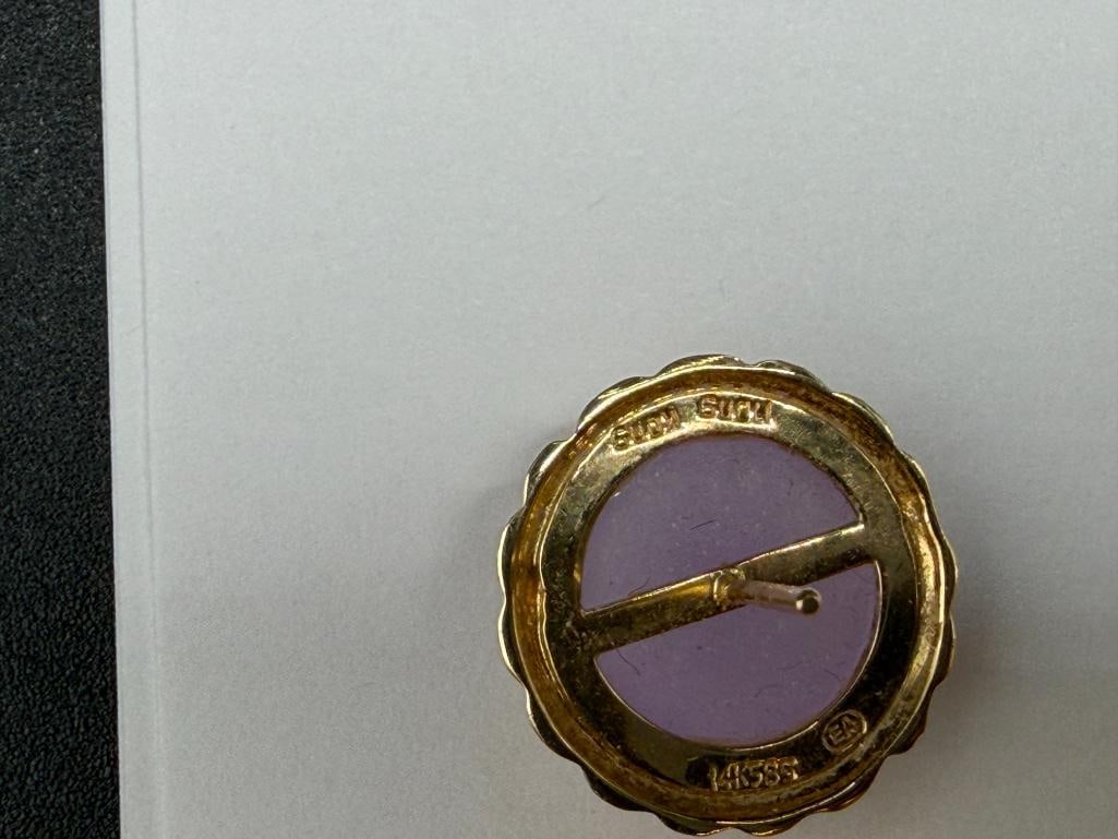 HONG KONG JEWELRY DESIGNER SIGNED 14K YELLOW GOLD LAVENDER JADE BUTTON EARRINGS - 6