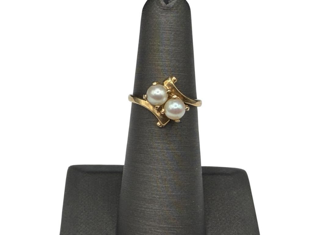 10K YELLOW GOLD TWO PEARL BYPASS RING: SIZE 5 1/2, 1/2" FRONT, 2.52 GRAMS