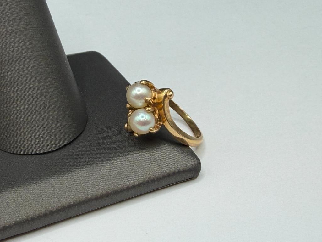 10K YELLOW GOLD TWO PEARL BYPASS RING - 3