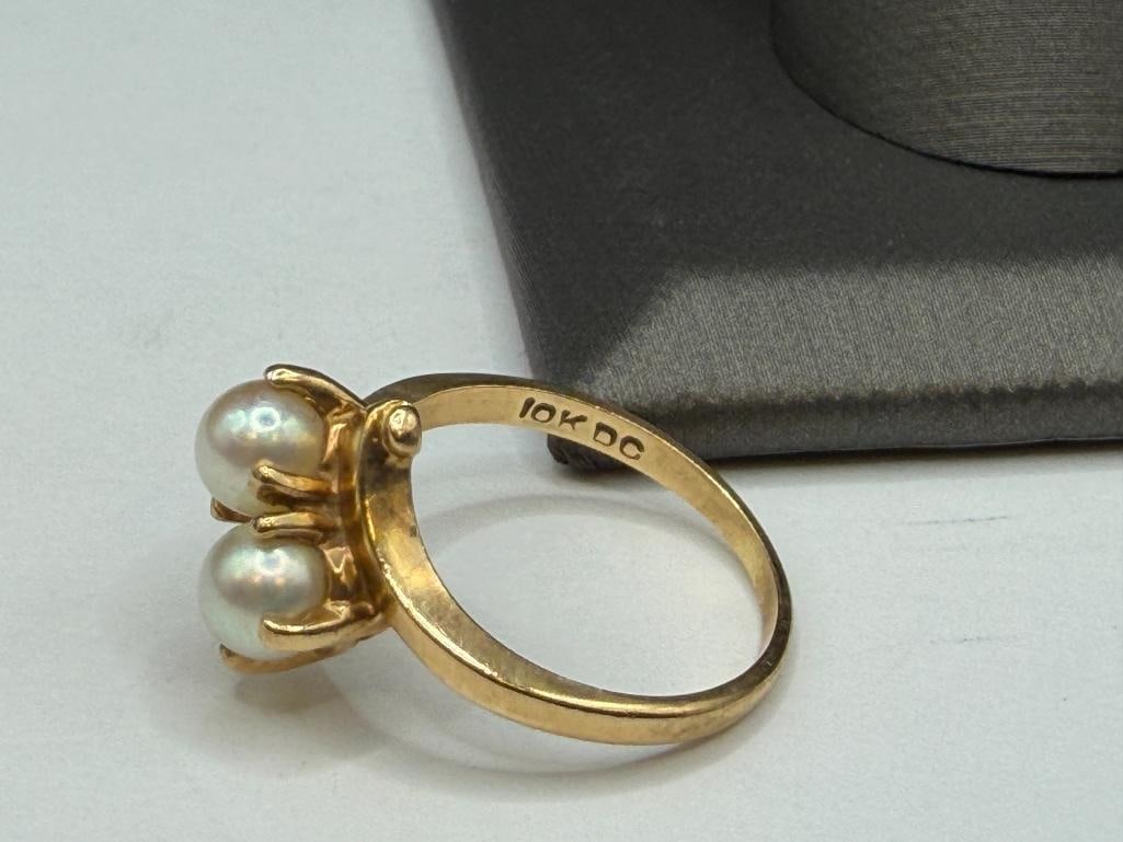 10K YELLOW GOLD TWO PEARL BYPASS RING - 5