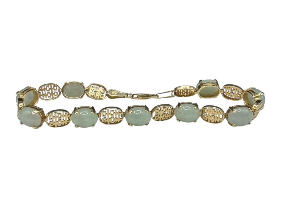 IMPERIAL GOLD COMPANY SIGNED 14K YELLOW GOLD OVAL CUT CABOCHON GREEN JADE LINK BRACELET: DESIGNER HALLMARKED WITH "2/2" DOMINO / DICE, MADE IN MEXICO, FEATURES NINE ROUND CUT CABOCHON GREEN JADES 7" X 1/4", 9.17 GRAMS, APPROX. 11CTTW JADE