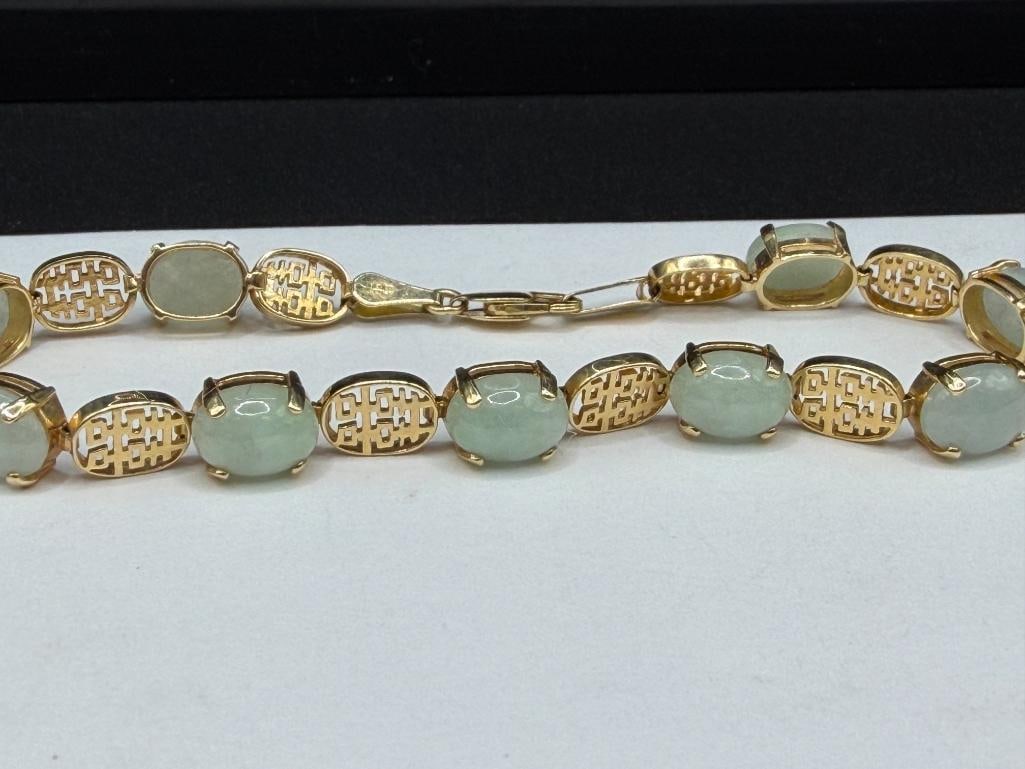 IMPERIAL GOLD COMPANY SIGNED 14K YELLOW GOLD OVAL CUT CABOCHON GREEN JADE LINK BRACELET - 2