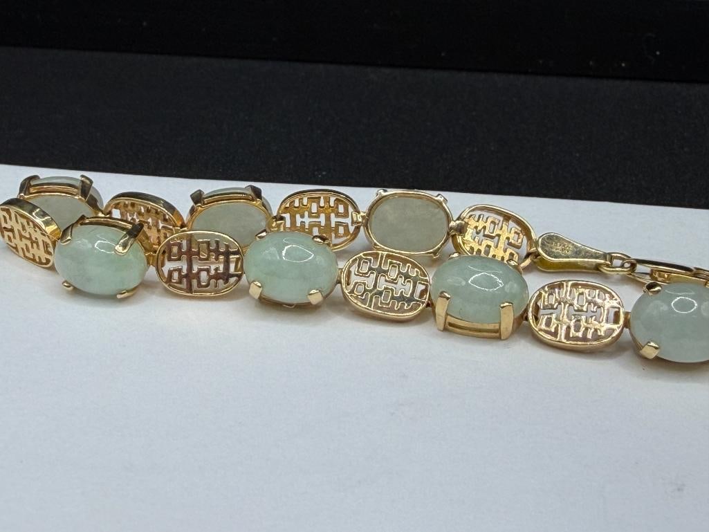IMPERIAL GOLD COMPANY SIGNED 14K YELLOW GOLD OVAL CUT CABOCHON GREEN JADE LINK BRACELET - 3