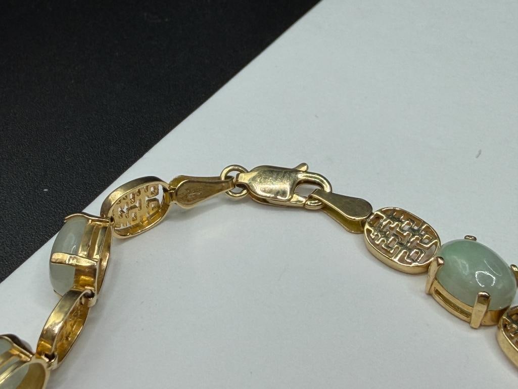 IMPERIAL GOLD COMPANY SIGNED 14K YELLOW GOLD OVAL CUT CABOCHON GREEN JADE LINK BRACELET - 4