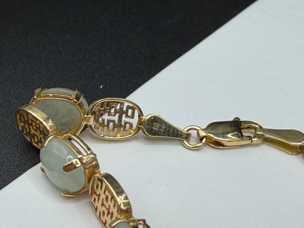 IMPERIAL GOLD COMPANY SIGNED 14K YELLOW GOLD OVAL CUT CABOCHON GREEN JADE LINK BRACELET - 5