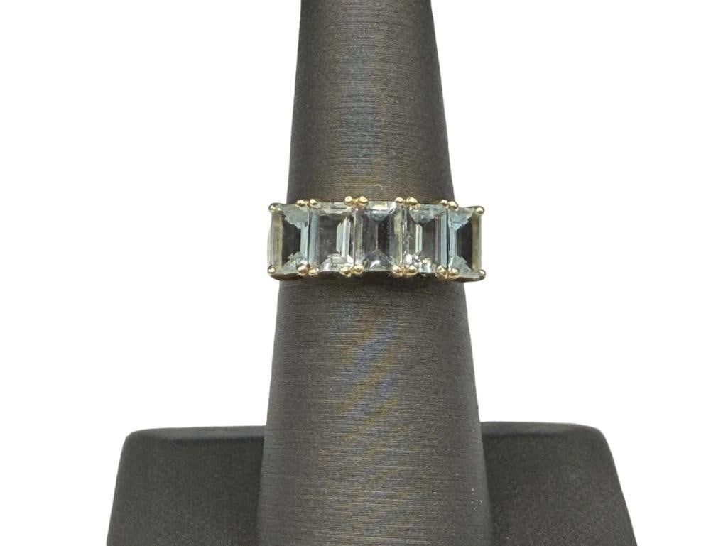 14K YELLOW GOLD EMERALD CUT AQUAMARINE RING FEATURING FIVE AQUMARINES: SIZE 6, 5/8" FRONT, 3.24 GRAMS, APPROX. 2.50CTTW AQUAMARINES