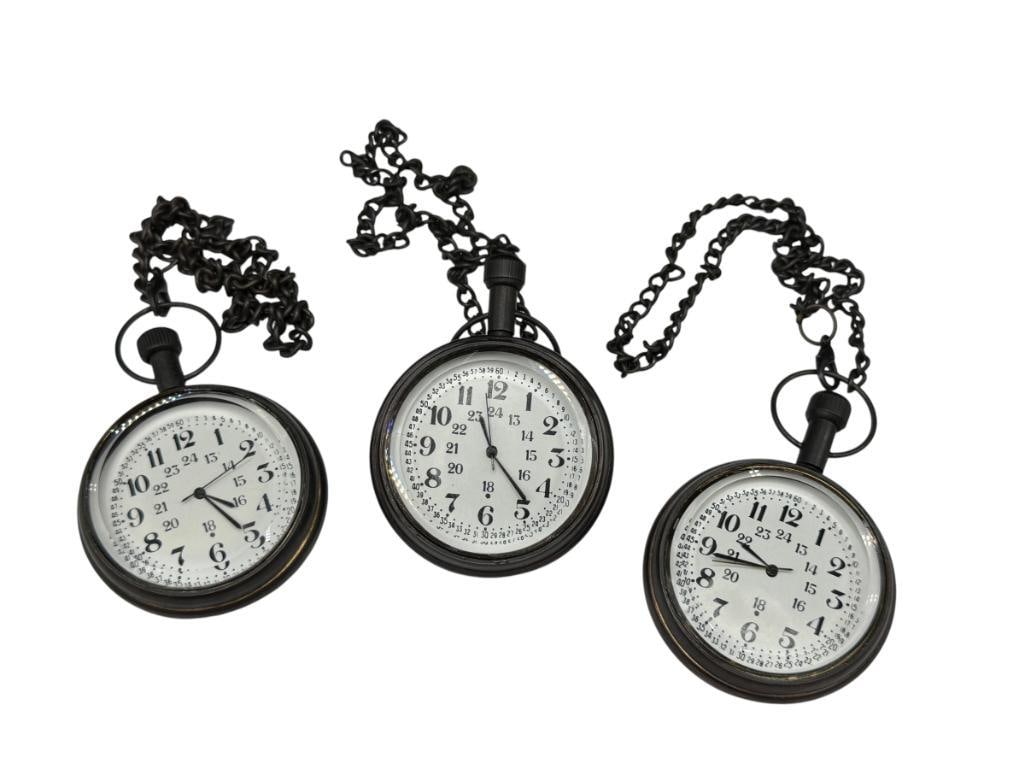 THREE JAPANESE MIYOTA CO. BRASS CASED STOP WATCHES: ALL NEED NEW BATTERIES, EACH HAS CHAIN 50MM CASE