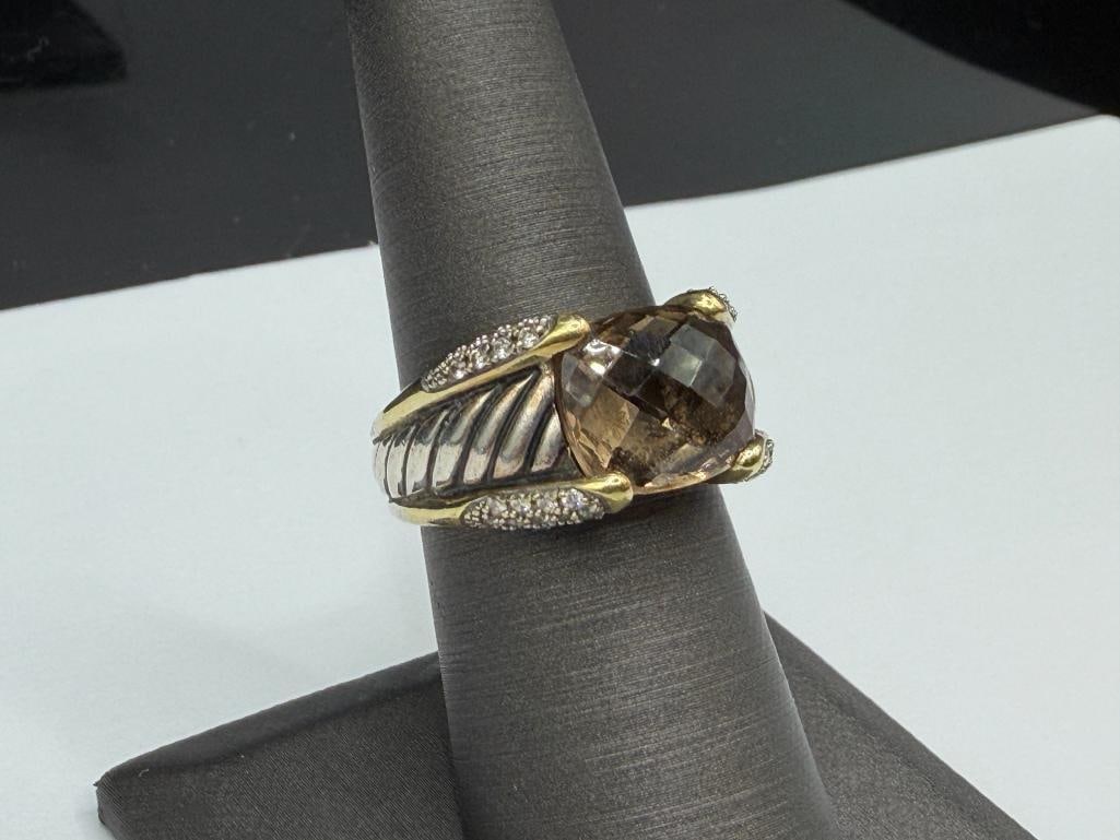 DAVID YURMAN DESIGNER SIGNED STERLING SILVER AND 18K YELLOW GOLD SMOKEY QUARTZ AND DIAMOND RING - 2