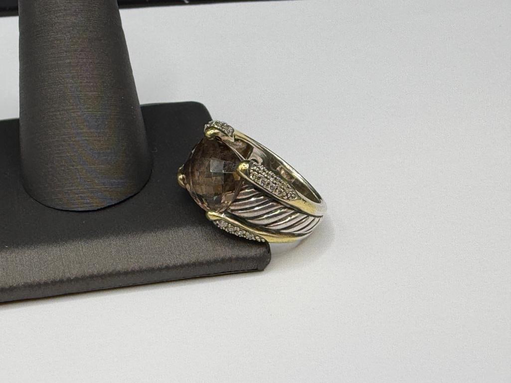 DAVID YURMAN DESIGNER SIGNED STERLING SILVER AND 18K YELLOW GOLD SMOKEY QUARTZ AND DIAMOND RING - 3